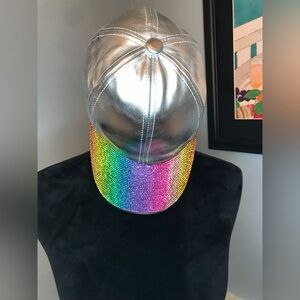 Silver Vegan leather. Rainbow crystal rhinestones on brim / visor